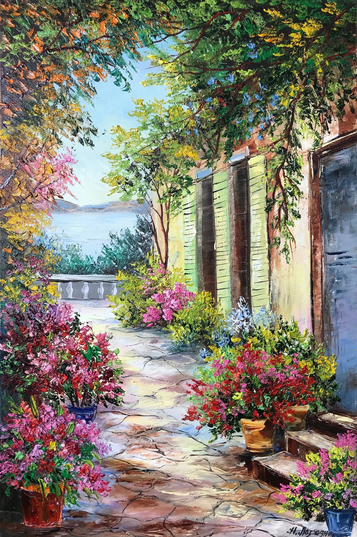 Tuscany Italian Painting Oil Original Landscape Painting For Kitchen Summer In The Garden Wall Art Decor Italian Village Painting Italy Gift