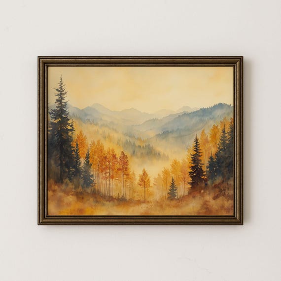 Misty Mountain Valley Print Rustic Autumn Landscape Art H47