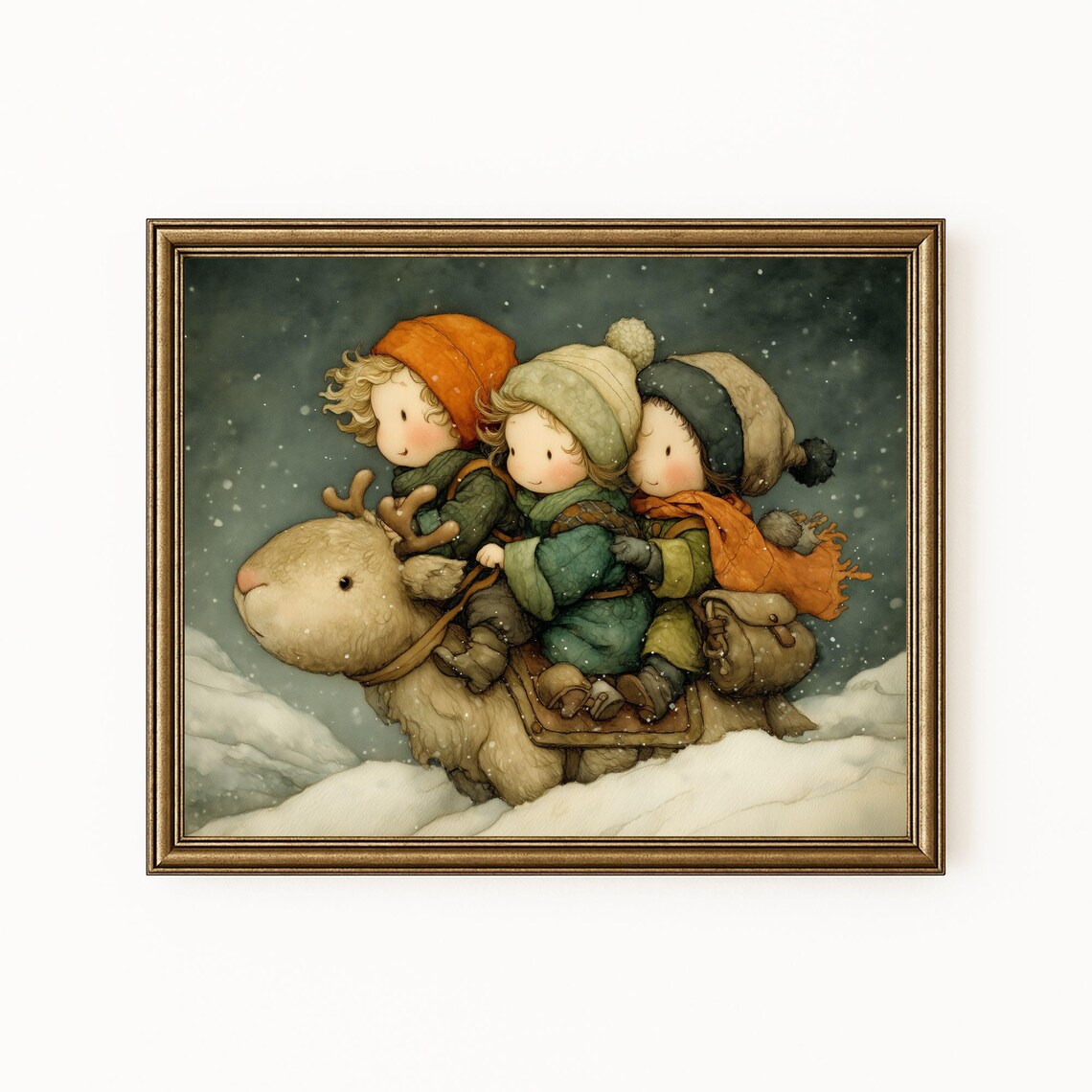 Three Children Riding Reindeer Snow Storybook Winter Scene Art Print