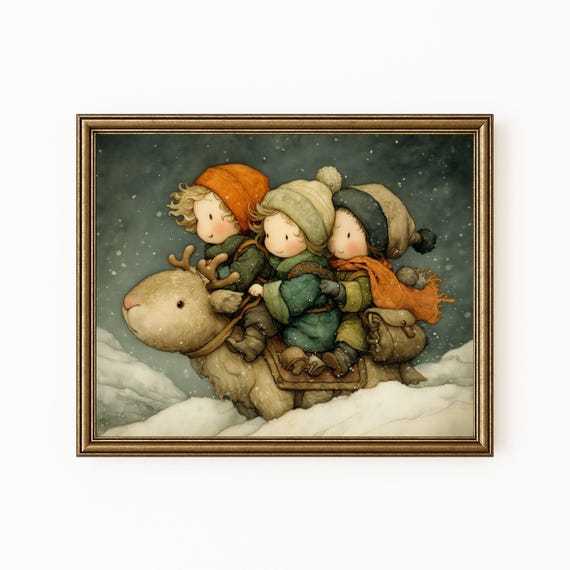 Kids Riding Reindeer Winter Print Whimsical Nursery Art