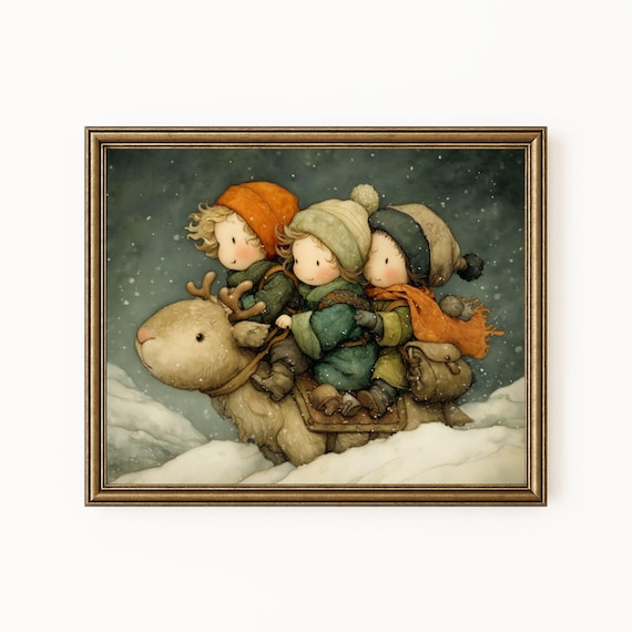 Three Children Riding Reindeer Snow Storybook Winter Scene Art Print