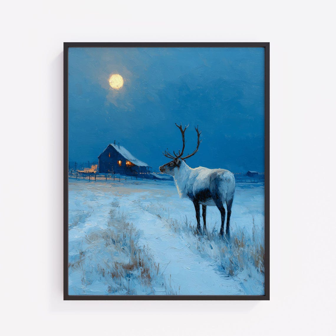 Reindeer In Moonlit Snowy Blue Landscape With Cozy Cabin Poster