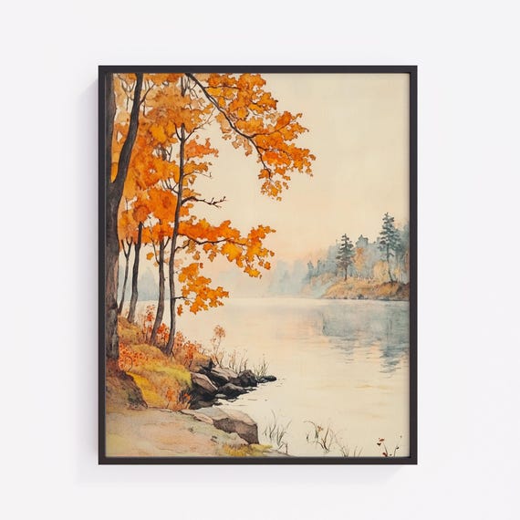 Autumn Riverbank Watercolor Print Vintage Fall Landscape V319