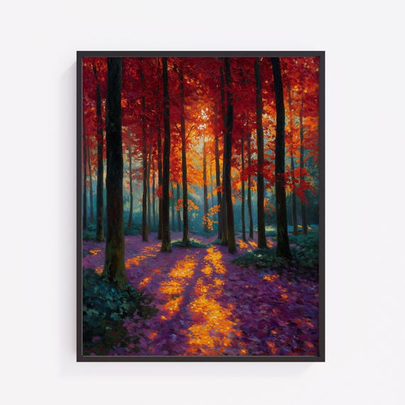 Autumn Forest Sunrise Print Vintage Landscape Wall Art