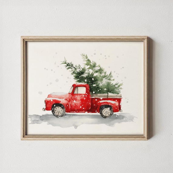 Red Vintage Truck Christmas Tree Watercolor Holiday Decor Poster