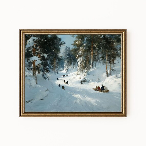 Winter Sledding Party Snowy Pine Forest Holiday Painting Poster