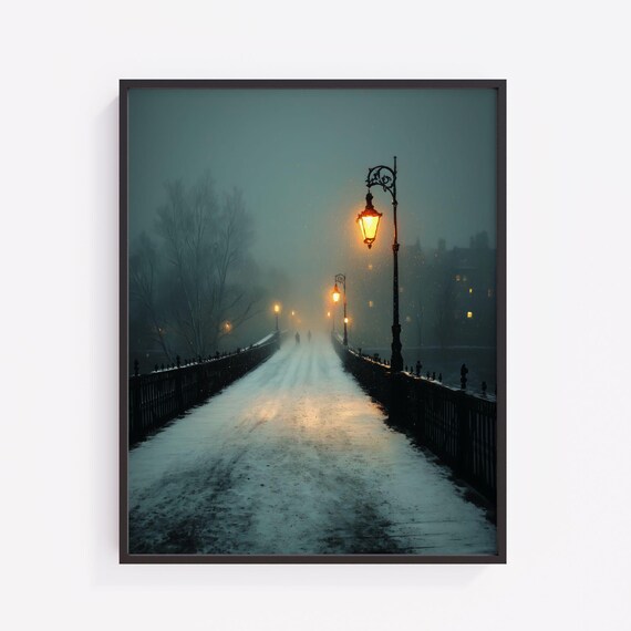 Winter Bridge Lantern Print Moody Snow Scene Scenic Wall Art