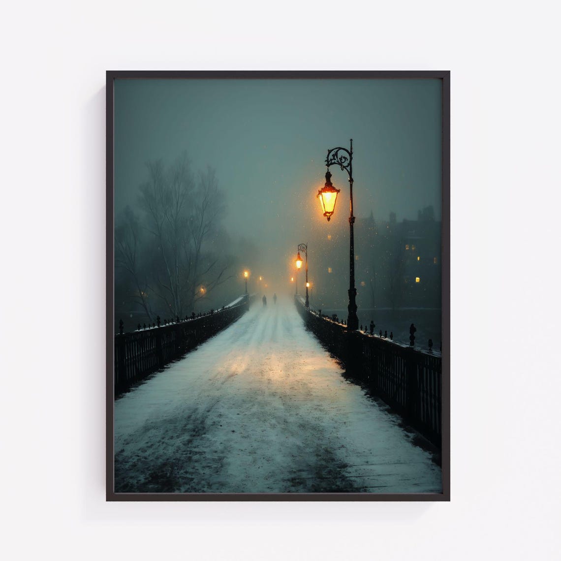 Snowy Bridge at Dusk Lit Street Lamps Moody Winter Night Poster