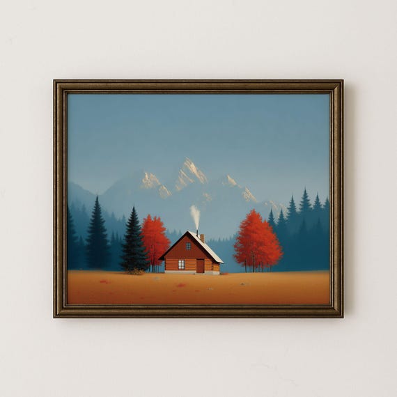 Autumn Cabin Landscape Print Vintage Mountain Cottage Wall Art H67