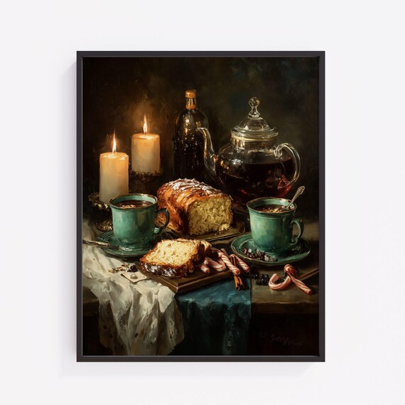 Christmas Candlelit Still Life Vintage Holiday Scene With Festive Fruitcake Cozy Moody Decor Wall Art 467