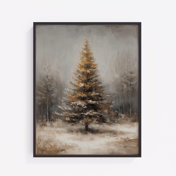 Solitary Evergreen Christmas Tree Winter Forest Scene Moody Neutral Colors Rustic Decor Festive Art 433