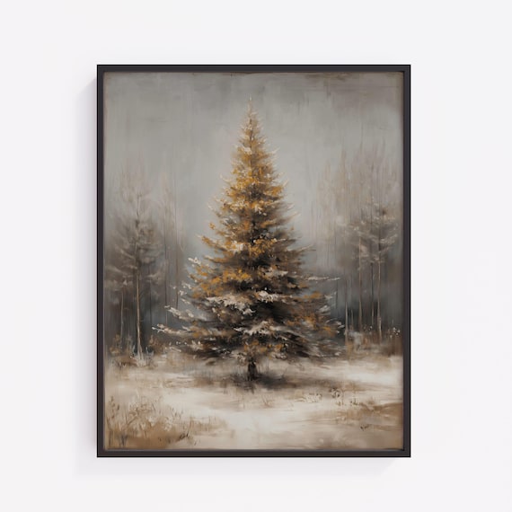 Solitary Evergreen Tree In Snowy Mist Neutral Winter Forest Poster
