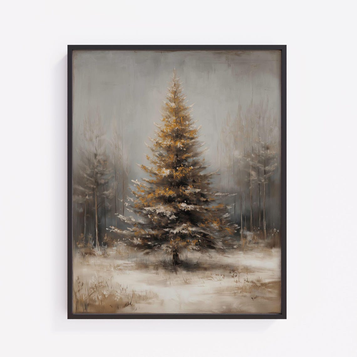 Solitary Evergreen Tree In Snowy Mist Neutral Winter Forest Poster