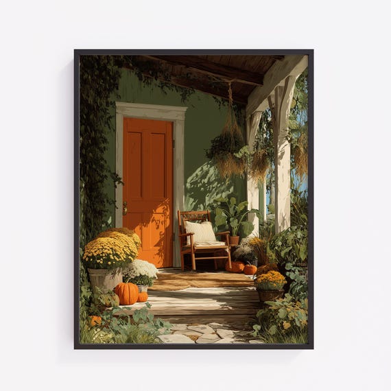 Autumn Farmhouse Porch Print Vintage Fall Decor 232