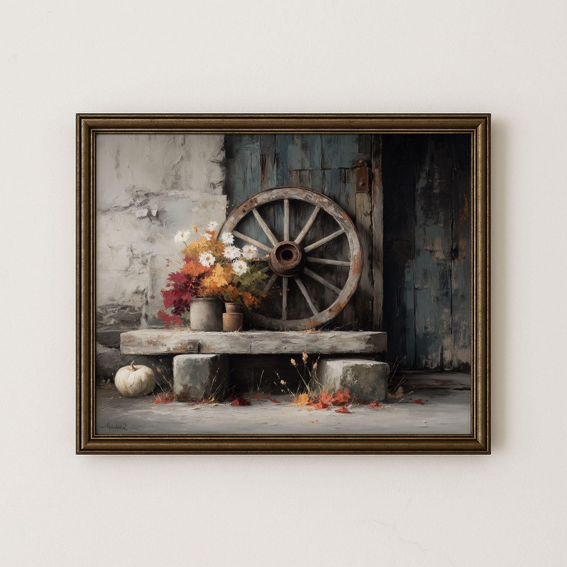 Rustic Wagon Wheel With Autumn Flowers Still Life Art Poster