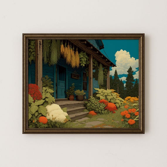 Rustic Autumn Porch Print Vintage Harvest Cottage Art