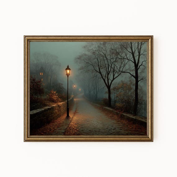 Foggy Lantern Path Print Vintage Autumn Landscape