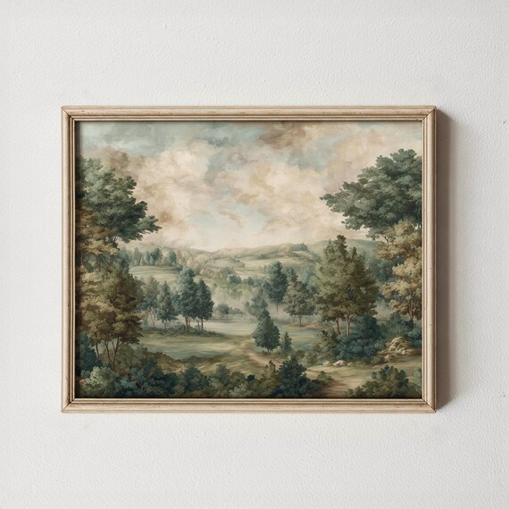 Vintage Pastoral Landscape Art Classic Rolling Hills Serene Moody Nature Print Rustic Trees Neutral Wall Decor 422