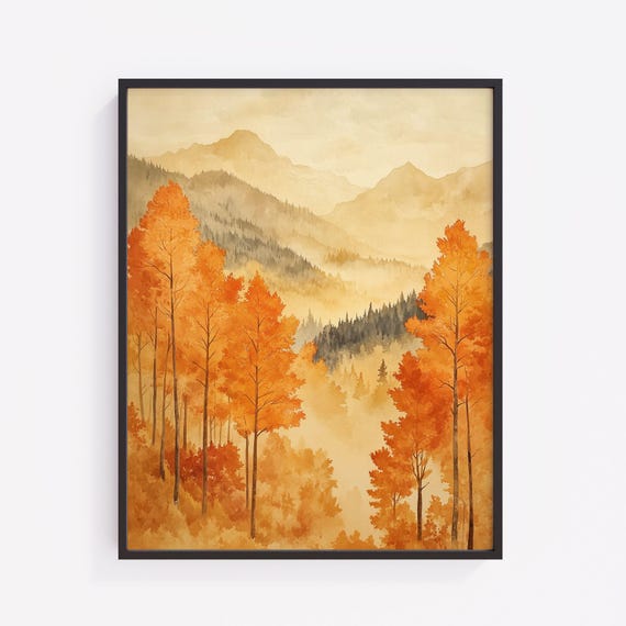 Autumn Mountain Valley Watercolor Print Rustic Cottage Decor V266