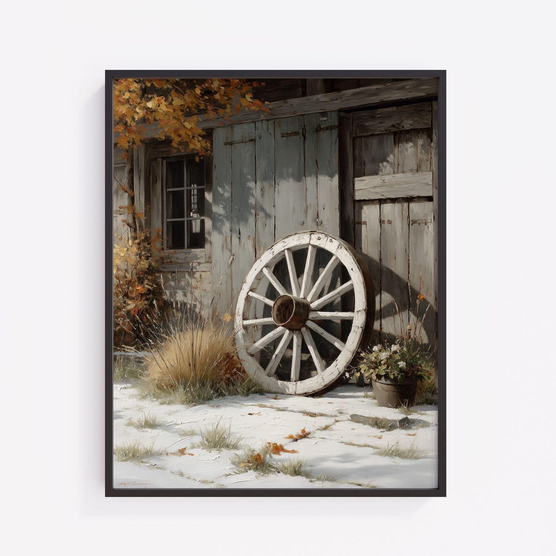 Rustic Wagon Wheel Weathered Barn Door Snowy Farmyard Scene Poster
