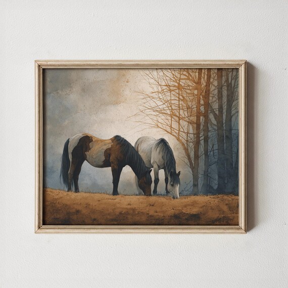 Rustic Horse Painting Moody Farmhouse Landscape