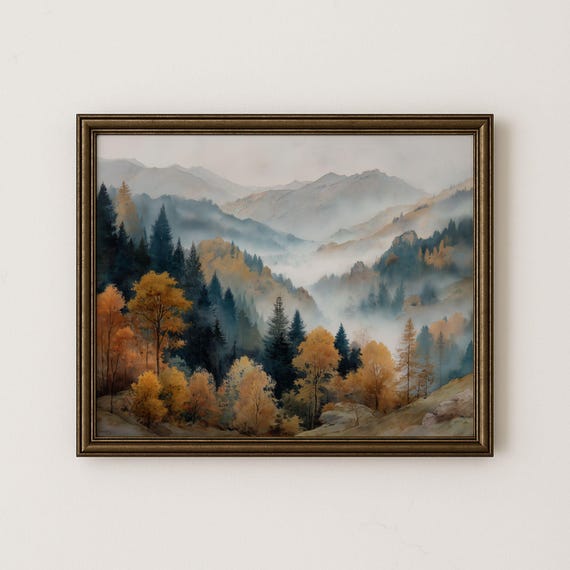 Misty Mountain Fall Landscape Watercolor Valley Art Print H44