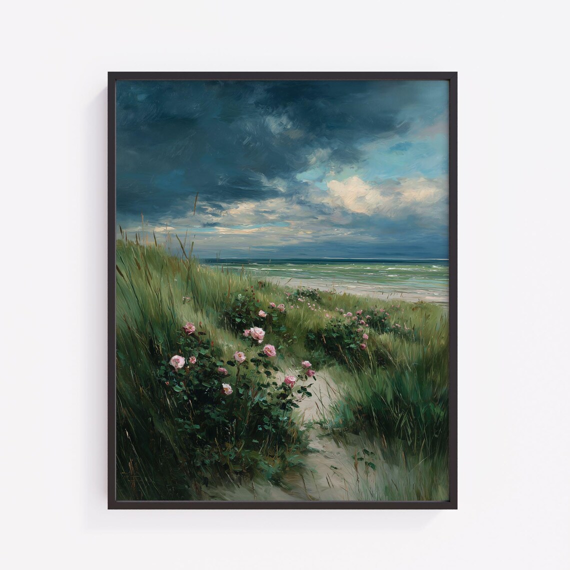 Stormy Dune Path To The Sea With Wild Roses Moody Coastal Print