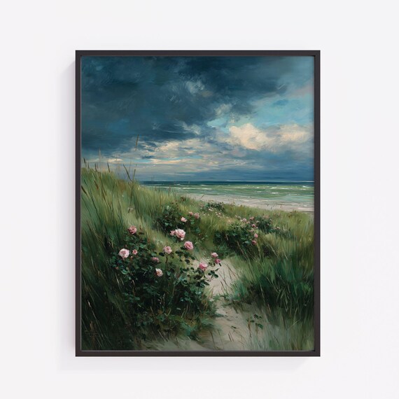 Moody Stormy Coastal Landscape Print Nautical Rustic Art Dramatic Scene Seascape Painting Dune Path To Sea 549