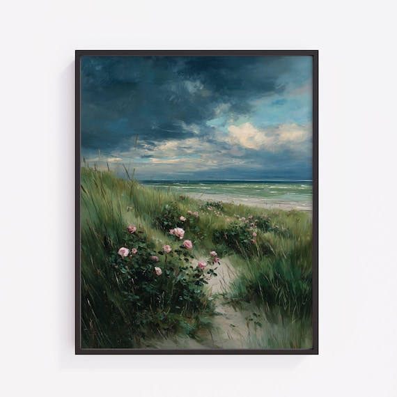 Stormy Dune Path To The Sea With Wild Roses Moody Coastal Print