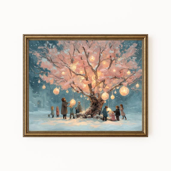 Winter Tree Lights Print Vintage Holiday Landscape