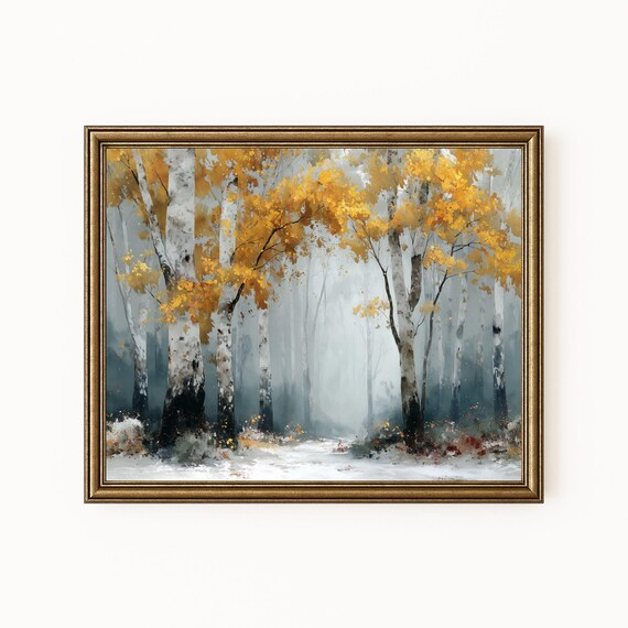 Golden Birch Trees In Misty Winter Forest Snowy Landscape Painting Poster