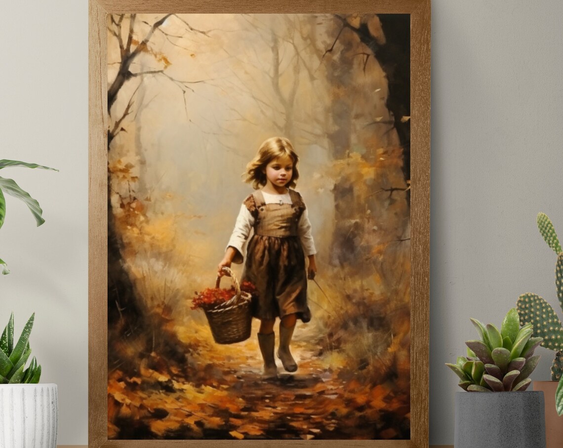 Little Girl with Berry Basket in Autumn Woods Painting Poster - Image 6