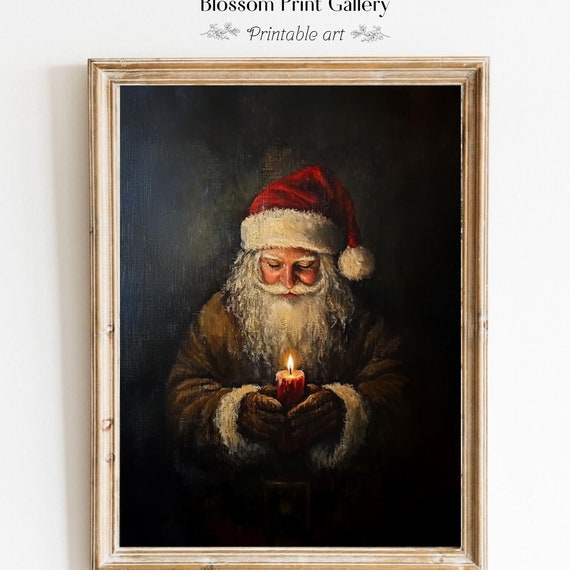 Moody Vintage Santa Wall Art Santa Portrait Vintage Christmas Dark Christmas Decor Rustic Christmas Oil Painting 751