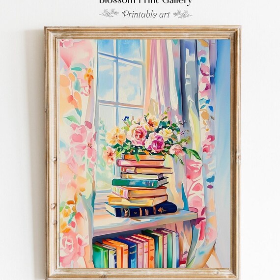 Stack Of Books By Sunny Window Watercolor Book Lover Painting Poster