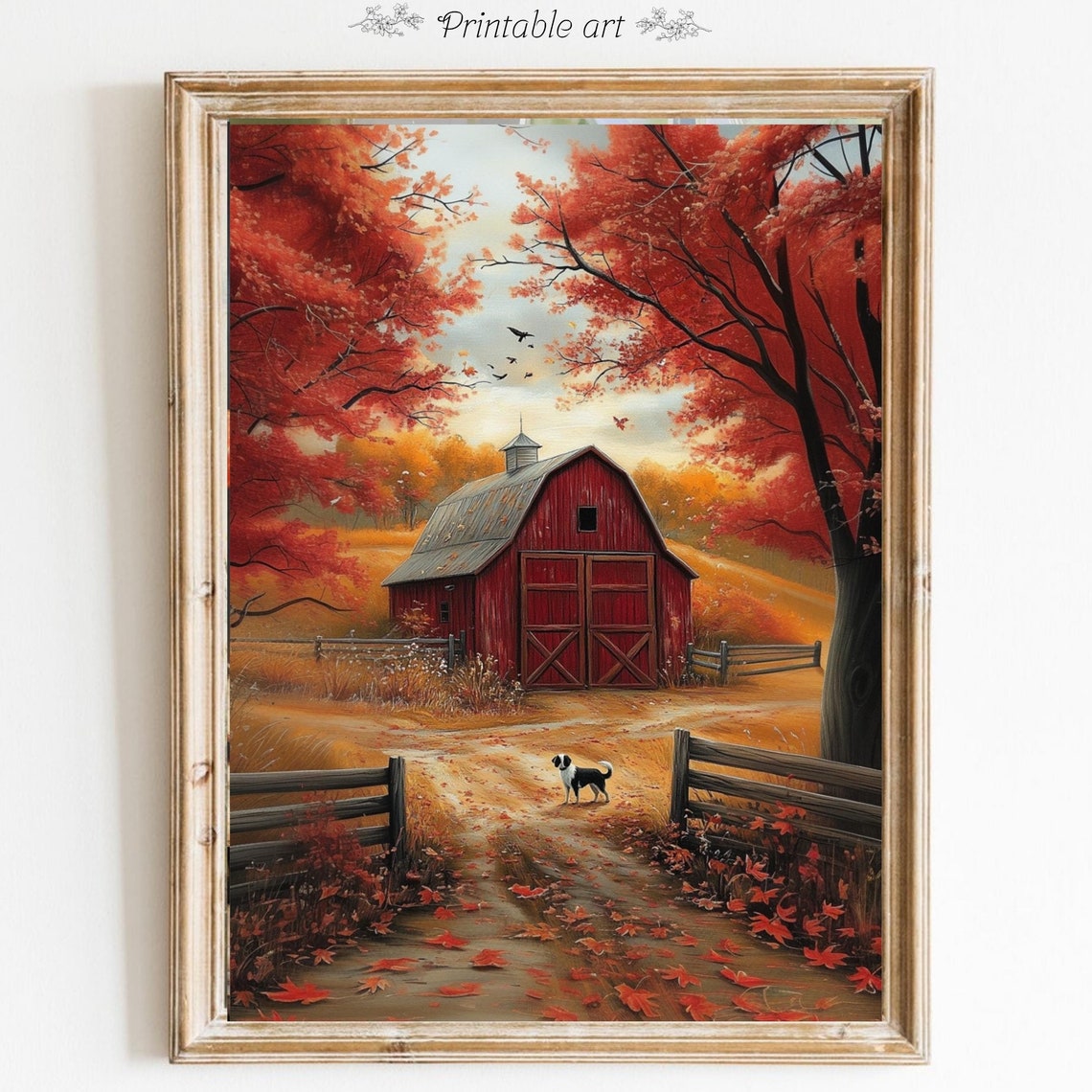 Red Barn in Autumn with Scarlet Maples and a Country Dog Poster