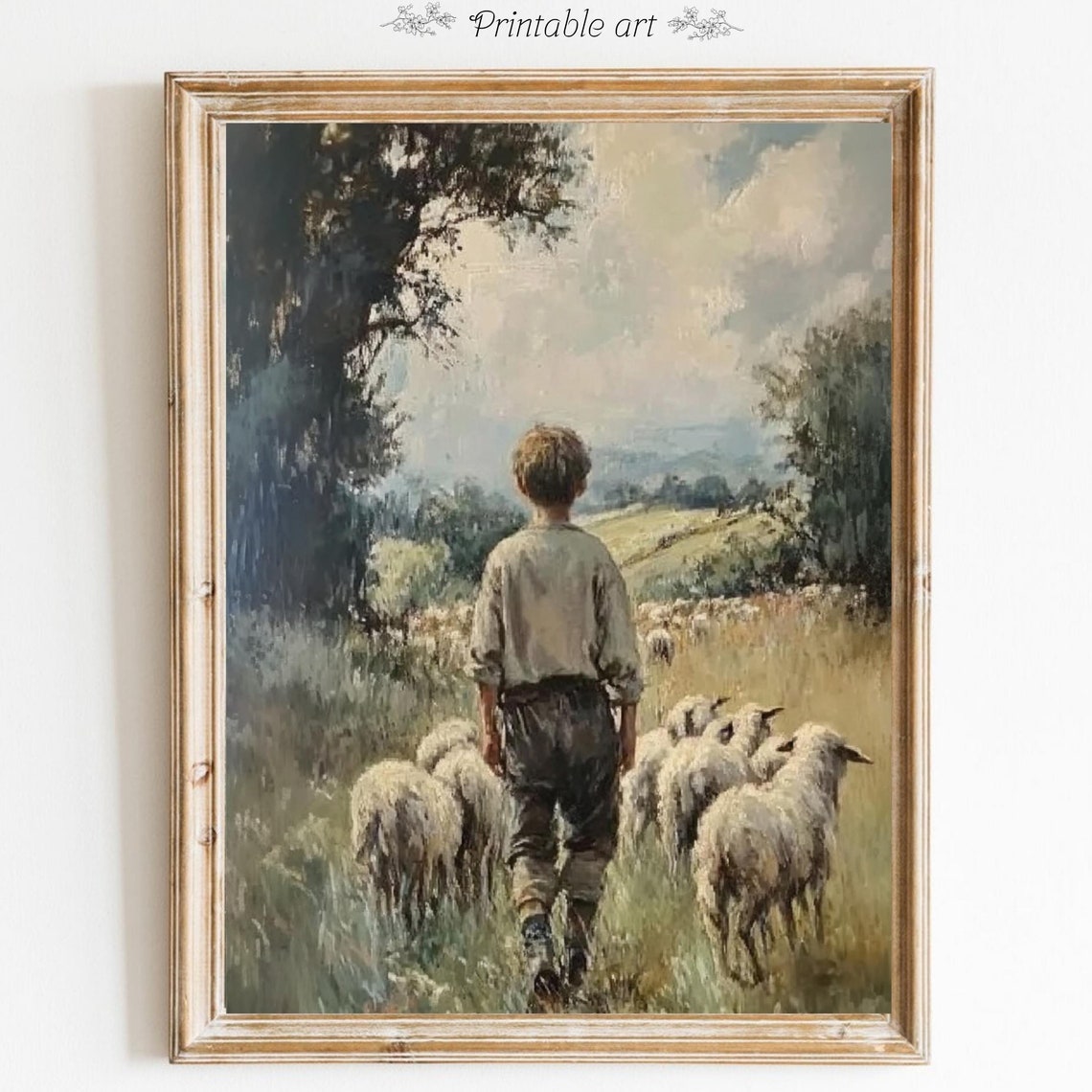 Young Shepherd Boy Leading Sheep Pastoral Countryside Painting Poster