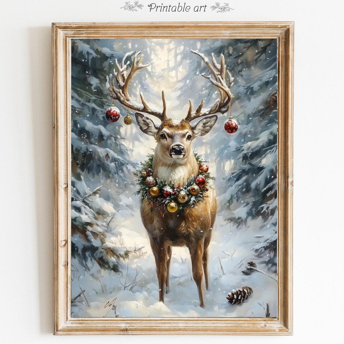 Majestic Deer With Ornament Wreath In Snowy Christmas Forest Poster