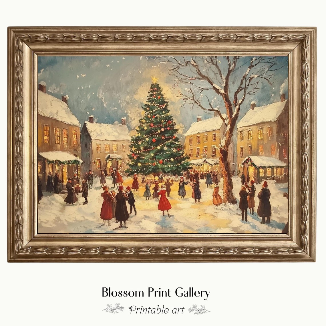 Vintage Christmas City Street Painting Festive Holiday Wall Art Cozy Winter Scene Charming Christmas Decor Vintage Winter Town Print 803