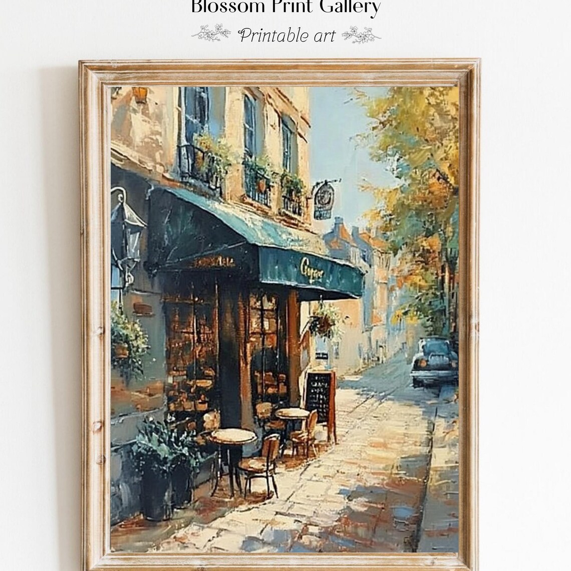 Sunlit Parisian Cafe Corner On Cobblestone Street Painting Poster