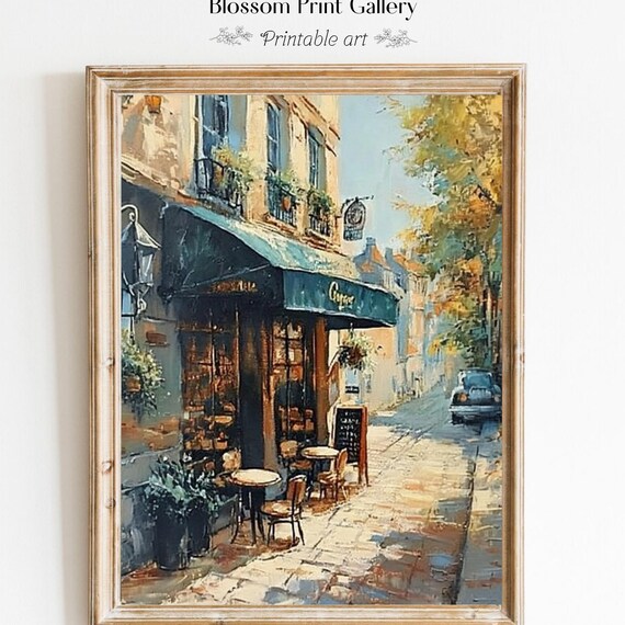 Sunlit Parisian Cafe Corner On Cobblestone Street Painting Poster