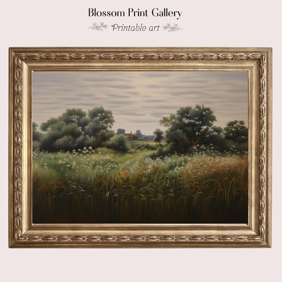 Moody Landscape Oil Painting Dark Pastoral Landscape Print Antique Scenery Home Decor Vintage Wildflower Painting 731