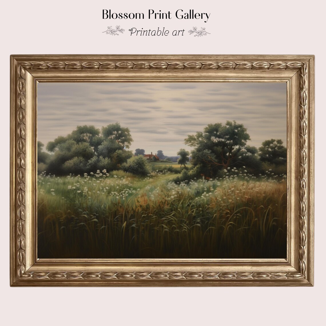 Green Meadow with Trees and Distant House Landscape Painting Poster
