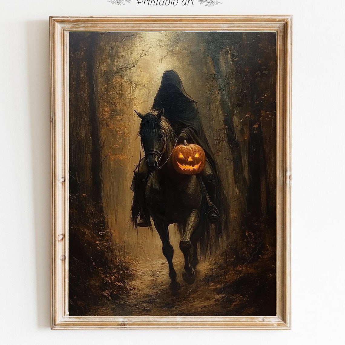 Headless Horseman with a Jack O Lantern Dark Halloween Wall Art