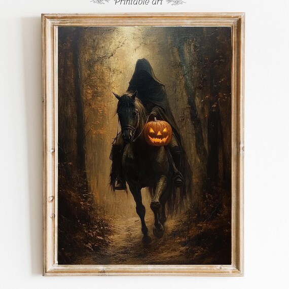 Headless Horseman with a Jack O Lantern Dark Halloween Wall Art