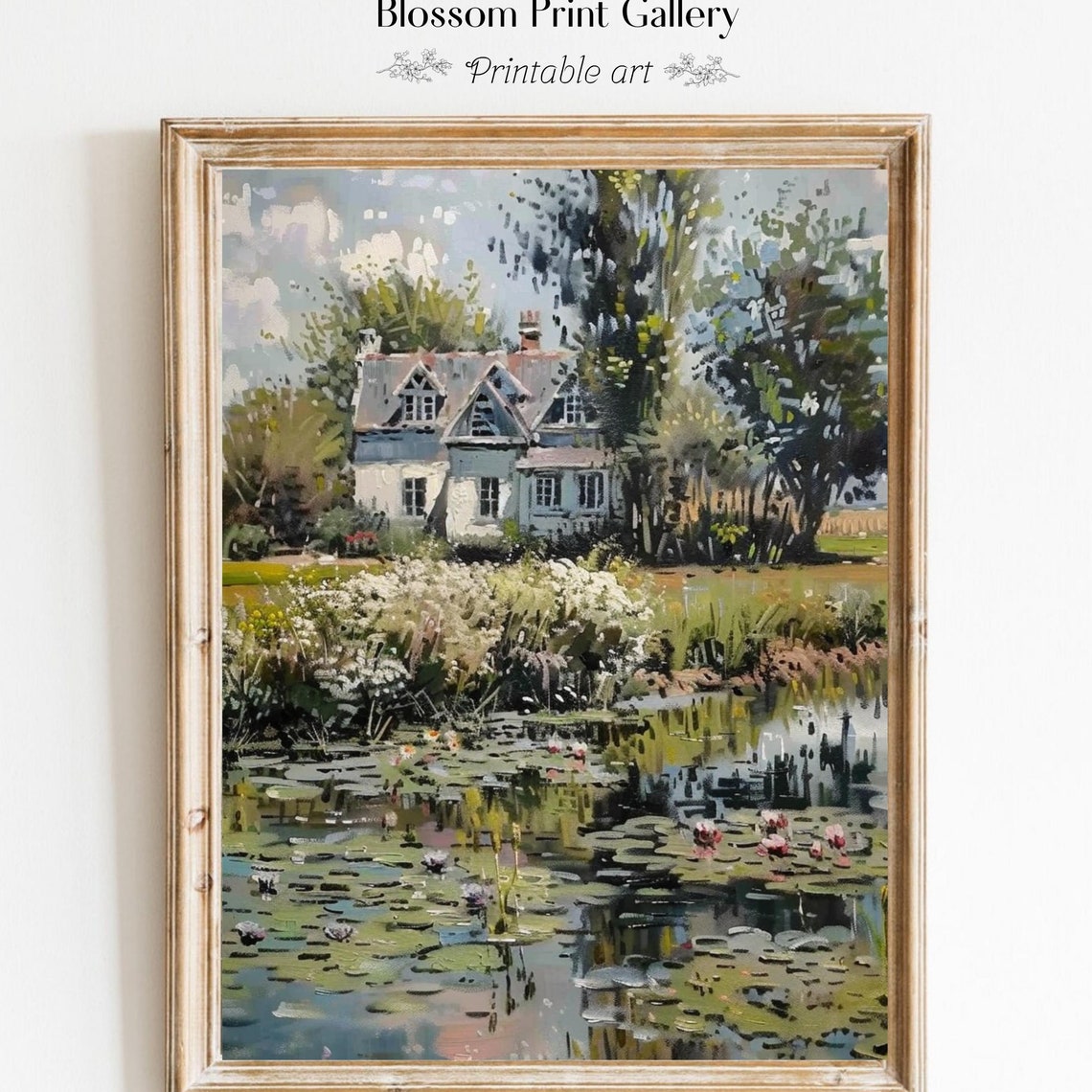 Cottage Garden Oil Painting Vintage Lake Wall Art Living Room Decor Summer Country Print Cottagecore 791
