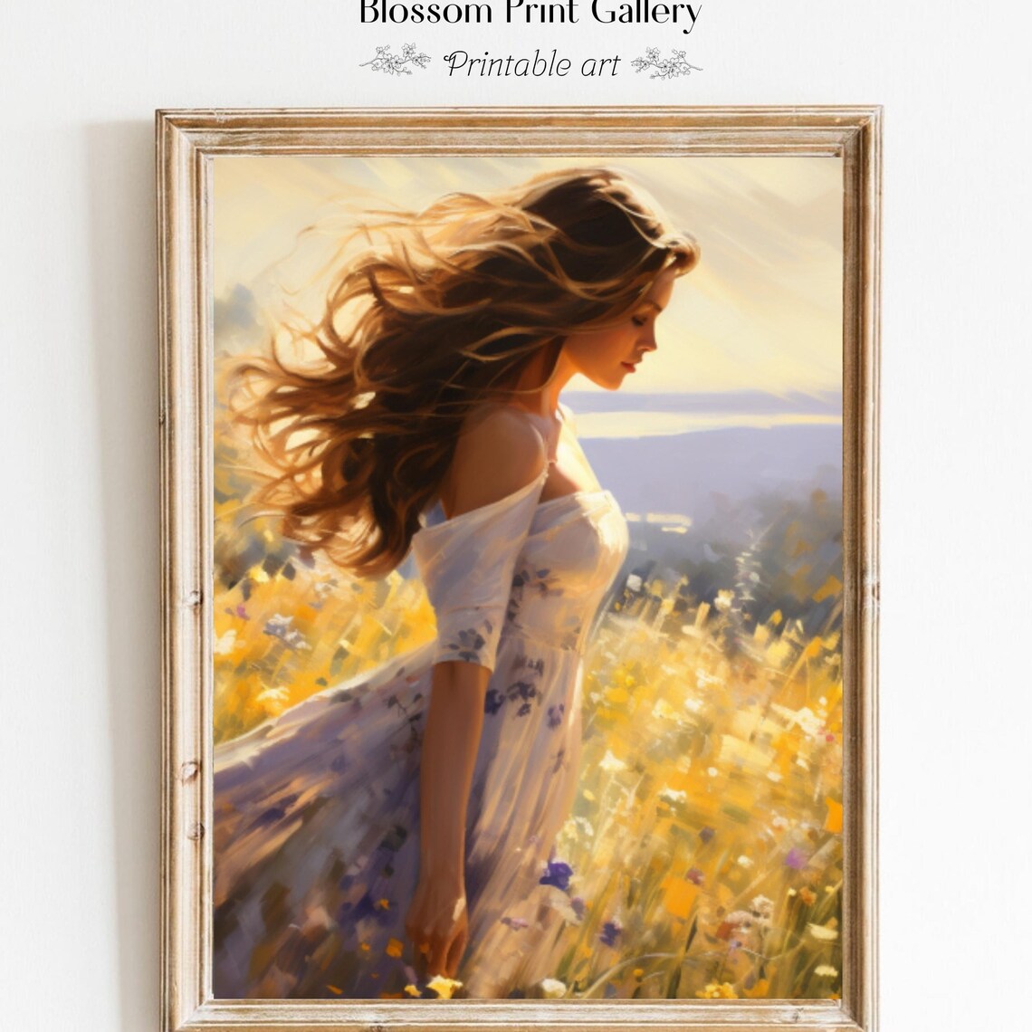 Woman Flowing Dress Golden Wildflower Meadow Sunset Painting Poster
