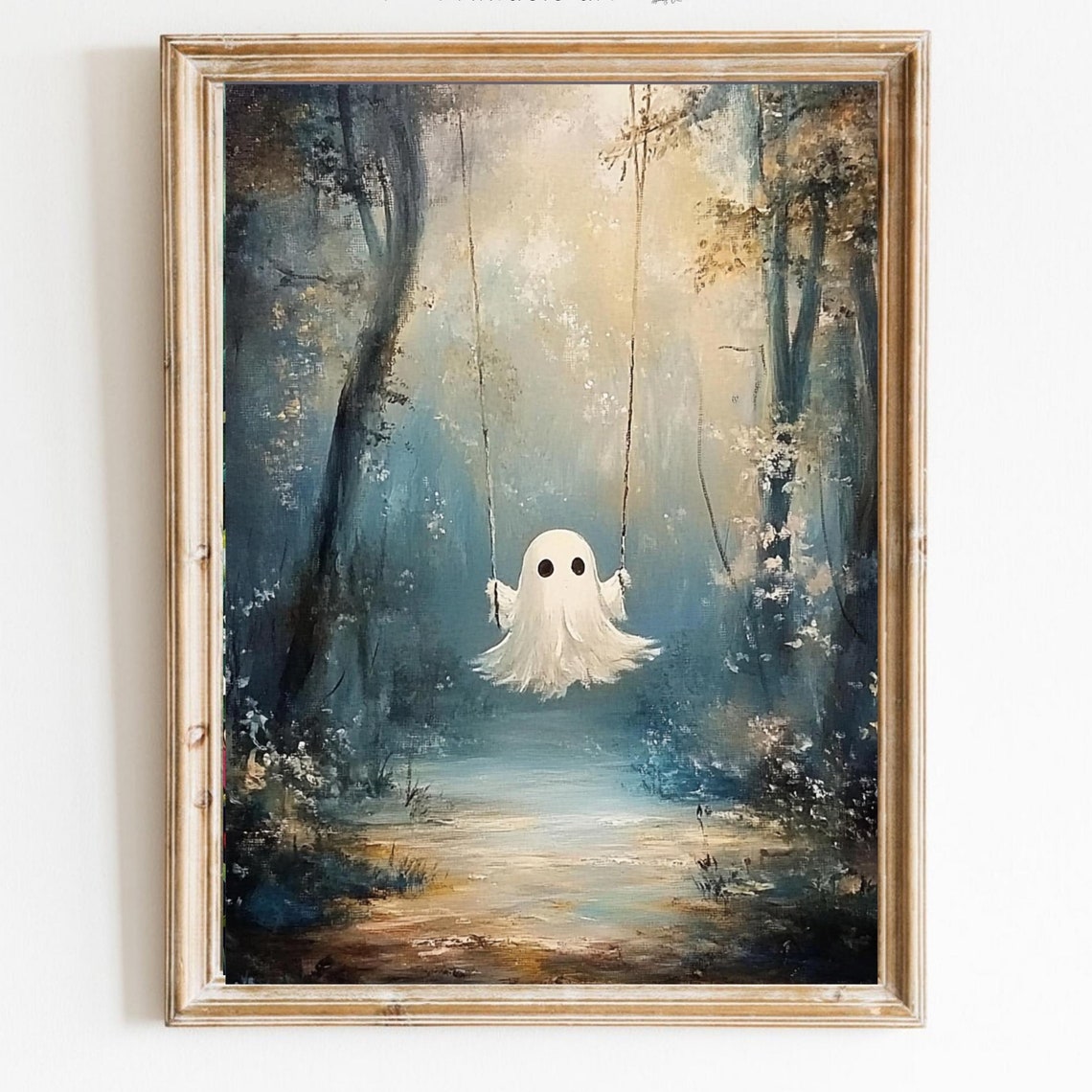 Cute Ghost On A Swing In A Misty Blue Forest Halloween Poster