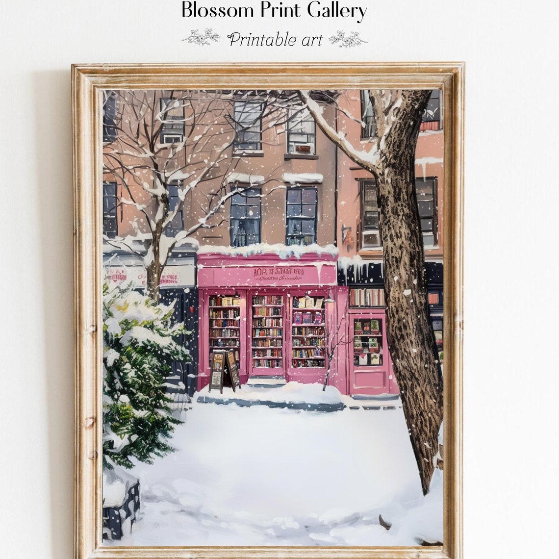 Charming Pink Bookstore On Snowy Winter Street Bookshop Art Poster