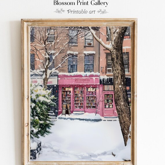 Charming Pink Bookstore On Snowy Winter Street Bookshop Art Poster