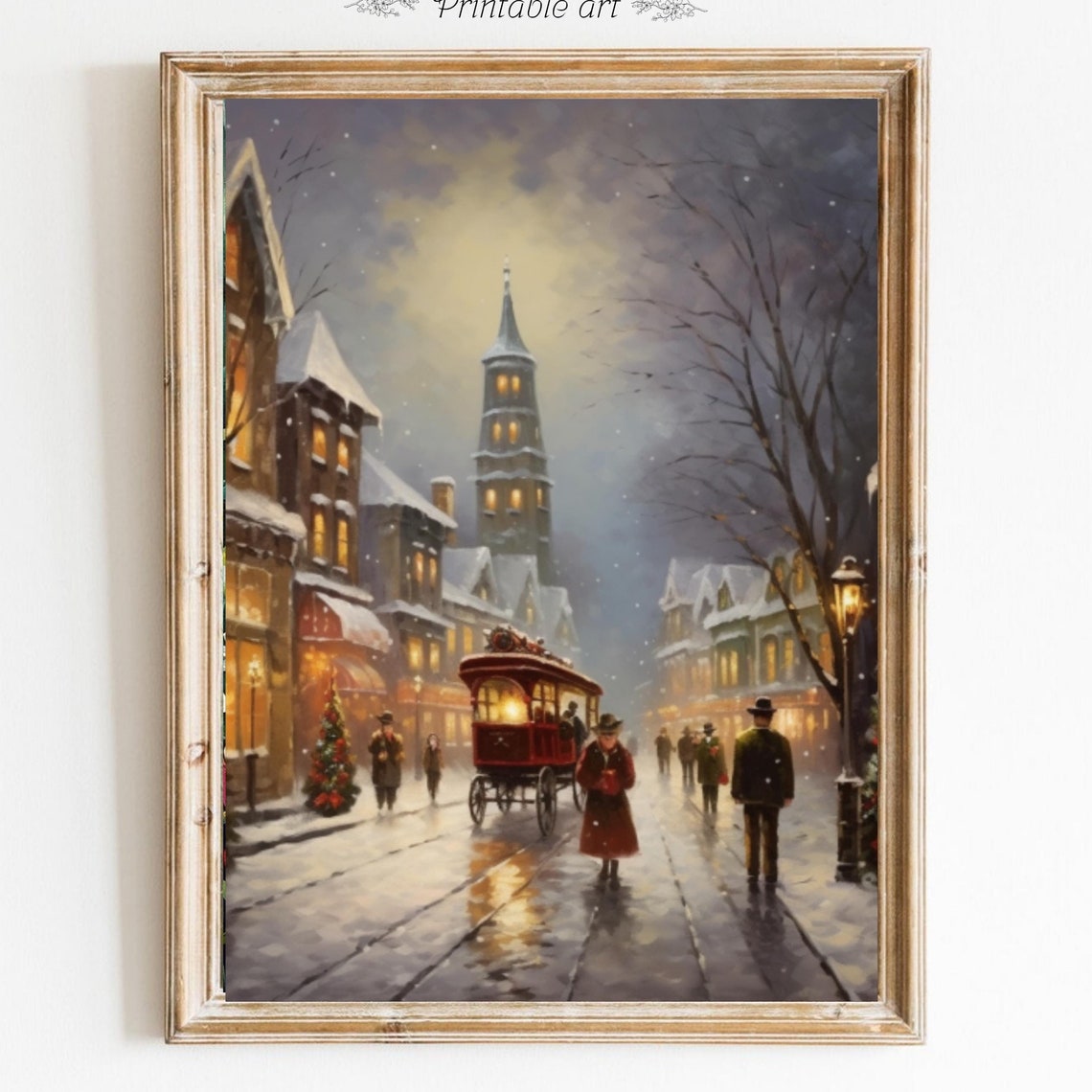 Vintage Christmas Wall Art City Street Painting Festive Holiday Home Decor Snowy Town Artwork Winter Street